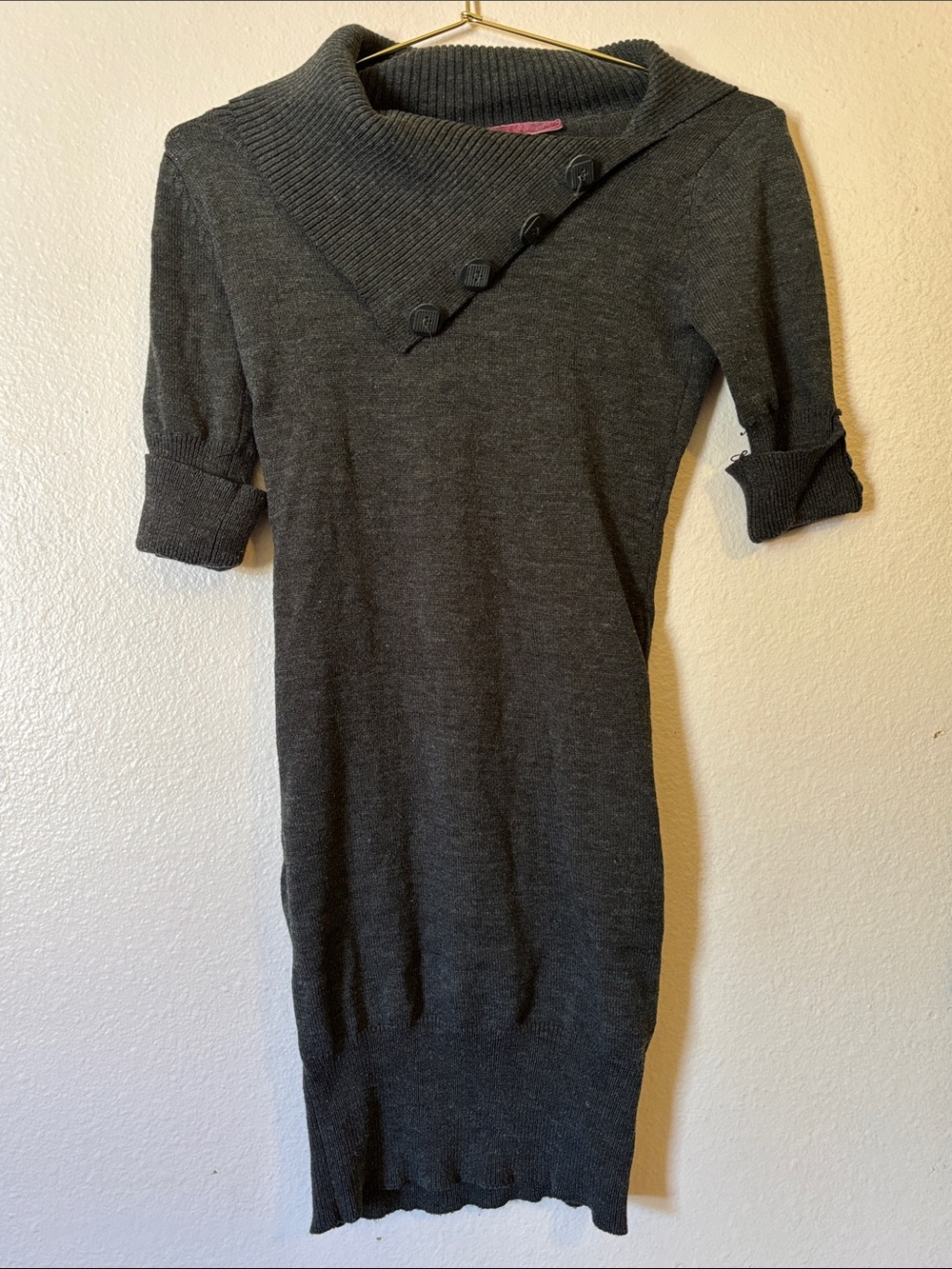 Derek Heart Charcoal Gray Knit Sweater Dress Asymmetrical Button Cowl Neck